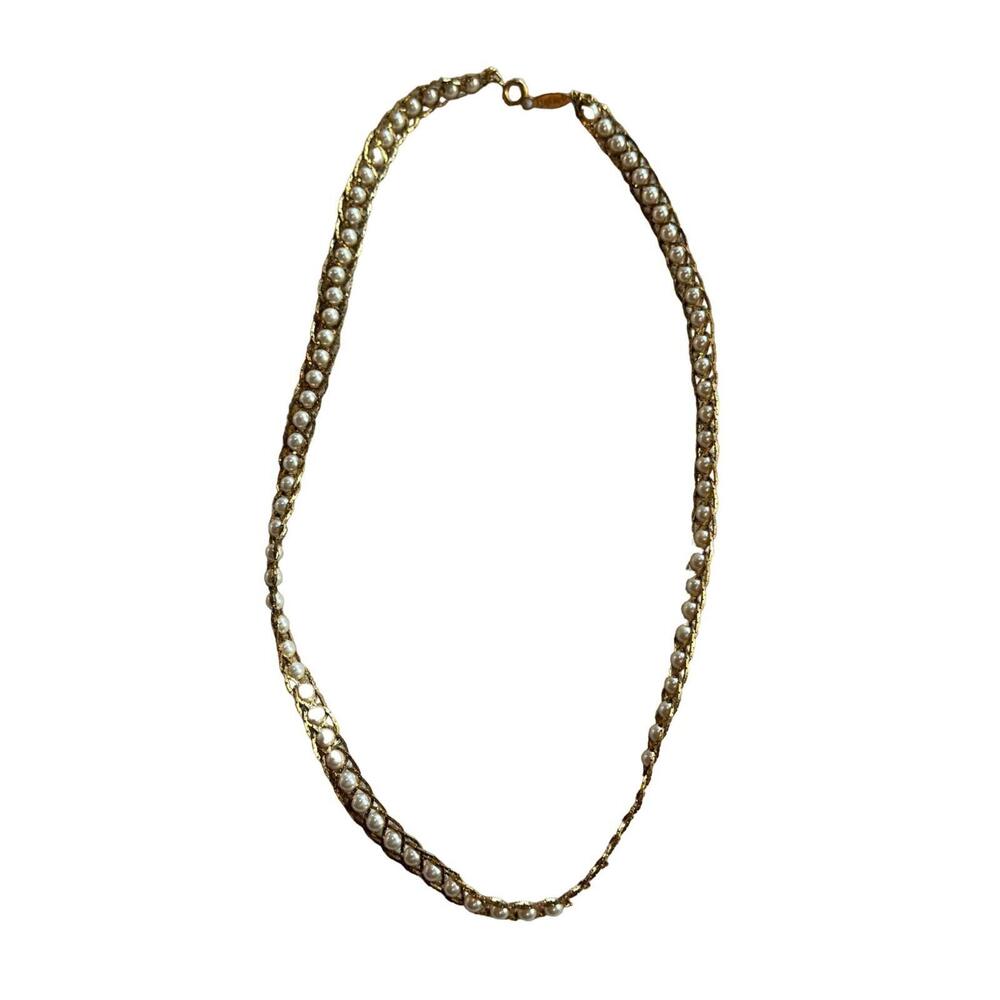 Vintage Womens Gold Toned Faux Pearl Braided Style Necklace Fashion Jewelry